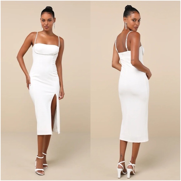 LULU’S Upscale Flirt Ivory Rhinestone Sleeveless Bodycon Midi Dress - Picture 1 of 5